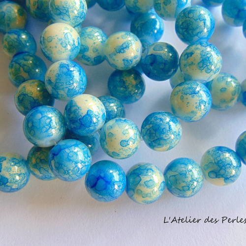 Lot de 10 perles en verre marbre bleu 10 mm 
