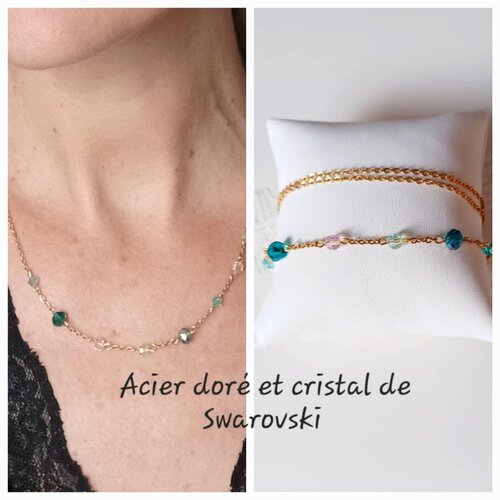 Collier aya perles de couleur en perles de cristal swarovski et chaîne or en acier doré inoxydable, esprit bohème- bijoux cadeau femme.