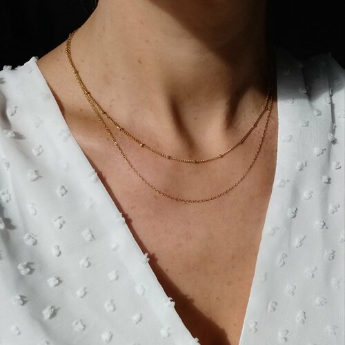 Collier acier inoxydable double chaine billes- collier double rang- collier femme minimaliste.