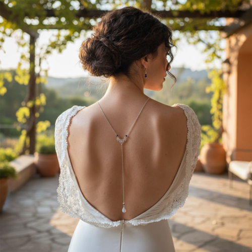 Collier de dos à perles bleues.