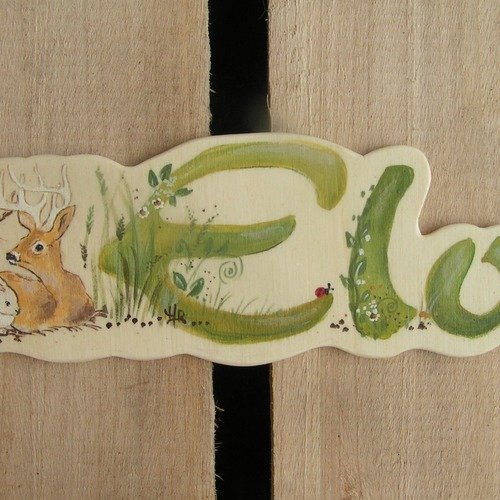 Plaque de porte prénom en bois  tons verts, animaux de la foret
