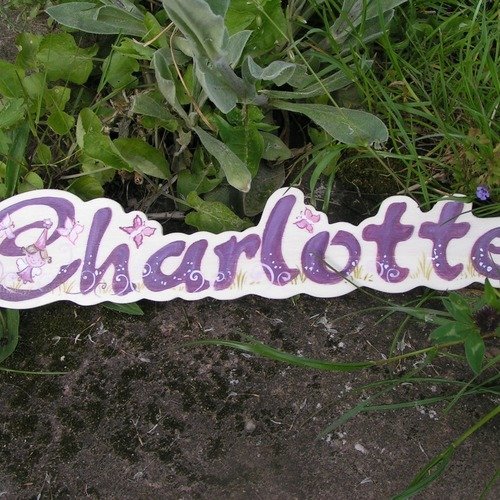 Plaque de porte prénom en bois  tons violets-thème "chatons"