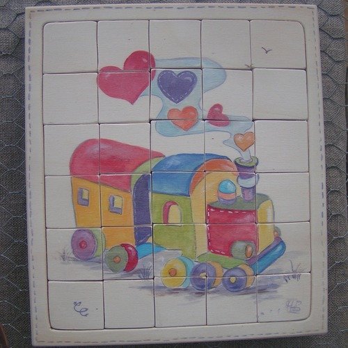 Puzzle enfant bois éducatif*petit train*30 pièces carrés* peint à la main