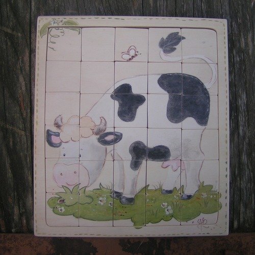 Puzzle enfant bois éducatif*vache coccinelle*30 pièces carrés* peint à la main