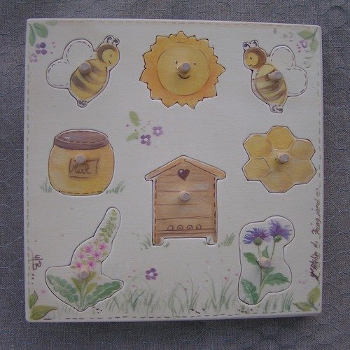 Puzzle enfant bois éducatif*abeilles*ruches*8 pièces carrés* peint à la main