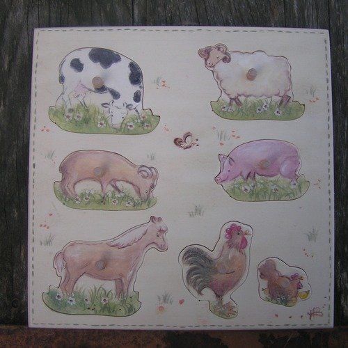 Puzzle enfant bois éducatif*animaux de la ferme*7pièces animaux : vahce, cheval, cochon, mouton, chèvre, poule, coq, chèvre * peint à l