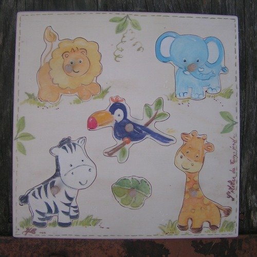 Puzzle enfant bois éducatif*animaux de la jungle*6 pièces animaux :girafe/éléphant/toucan/zèbre/lion* peint à la main