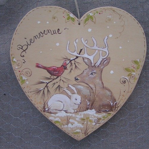 Grand cœur bois  peuplier  bienvenue  hiver * animaux de la foret * cerf *lapins*oiseau cardinal