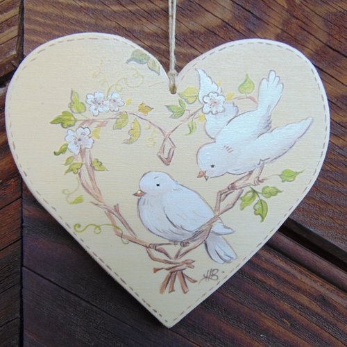 Coeur bois* deux oiseaux blancs  *  fond bois clair *