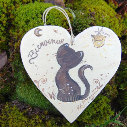 Coeur en bois de peuplier  bienvenue bois naturel  et chat noir