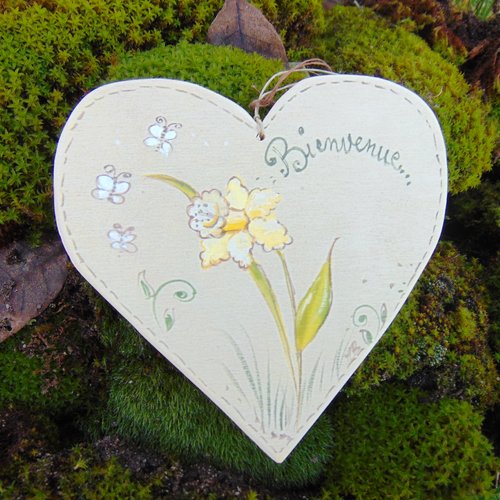 Coeur bois bienvenue * fleur jonquille * fond bois naturel * peint à la main