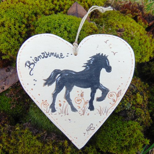 Plaque de porte coeur* bois de peuplier*  bienvenue bois naturel  * cheval noir