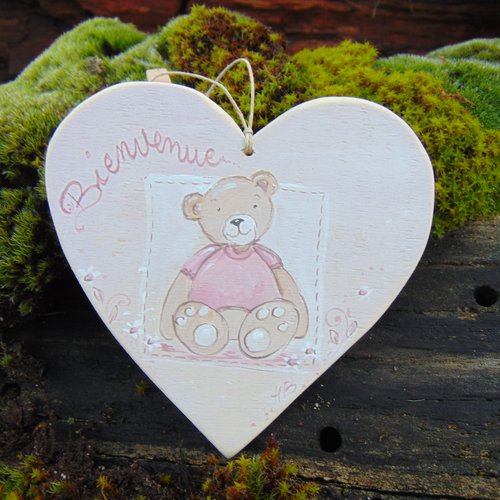 Plaque de porte coeur  en bois de peuplier *ourson * bienvenue * rose *  
