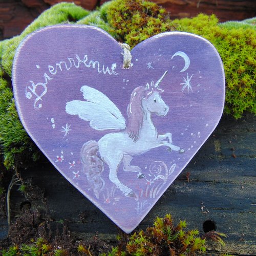 Plaque de porte coeur en bois * licorne   bienvenue * fond violet*style féerique