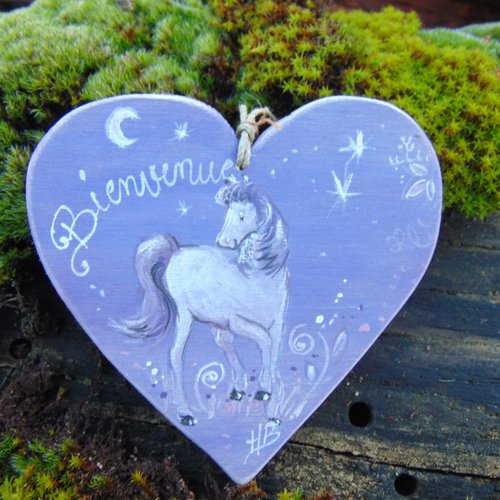 Plaque de porte coeur en bois * licorne   bienvenue * fond violet*style féerique*personnalisable