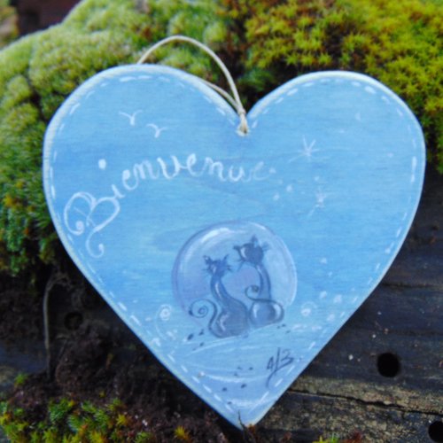 Plaque de porte coeur en bois * licorne   bienvenue * fond bleutée *style féerique*personnalisable