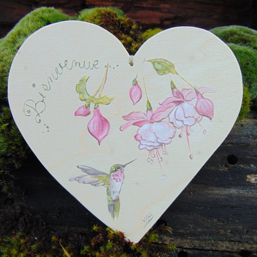  plaque de porte coeur en bois  peuplier *colibris et fuchsias* bienvenue *fond bois naturel