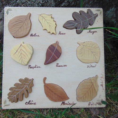 Puzzle enfant bois éducatif*feuilles d'arbres essences bois brut  correspondant  aux feuilles