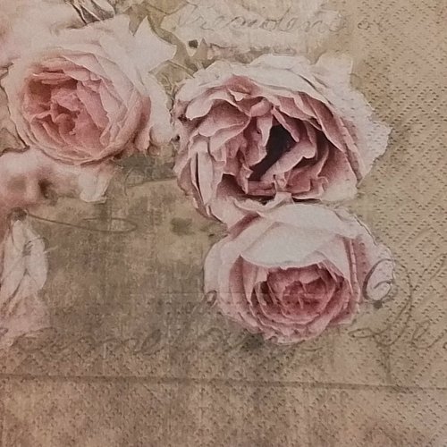 1 serviette en papier  roses anciennes sur fond écriture - pour le collage, collection ou l'art de la table