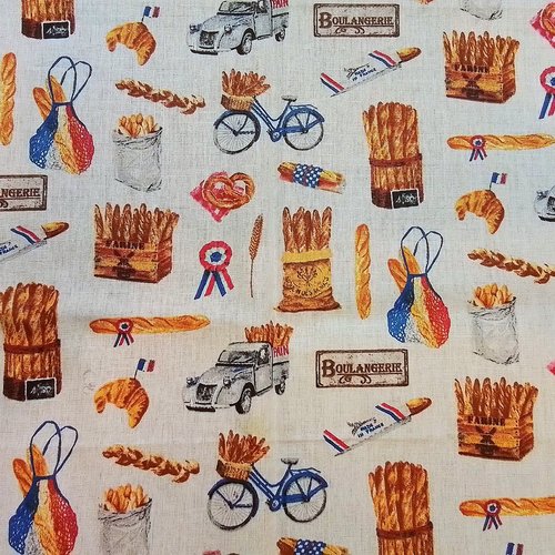 Tissu  coton cretonne  motif  boulangerie française