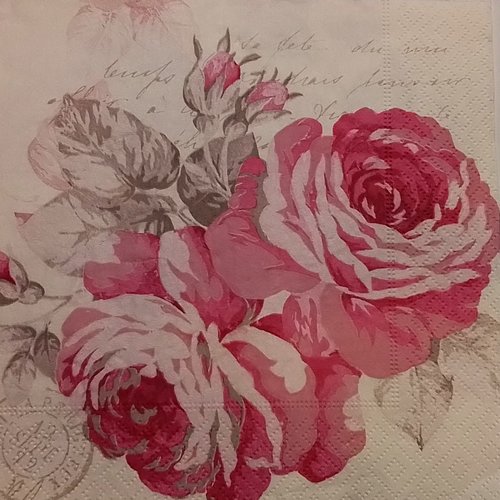 Serviette en papier roses rose sur fond écriture - pour le collage, collection ou l'art de la table