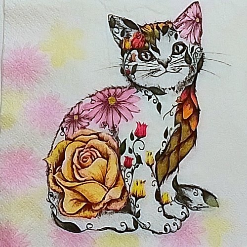 Serviette en papier chat et fleurs - art déco