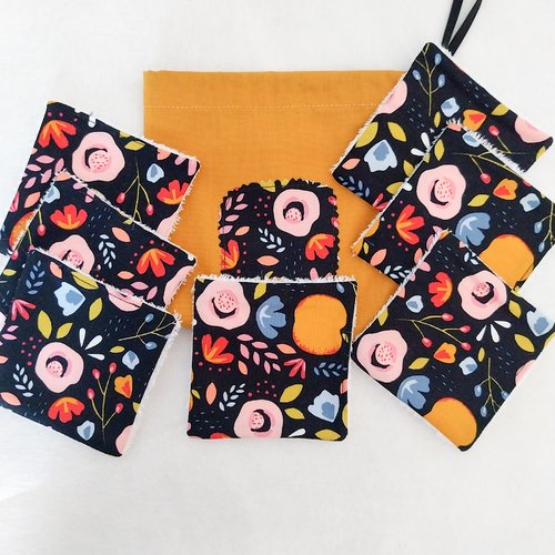 Lingettes réutilisables motifs japonais et leur pochon de rangement