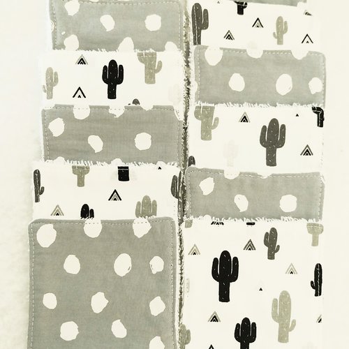 Lot de 12 lingettes lavables "cactus et pois"