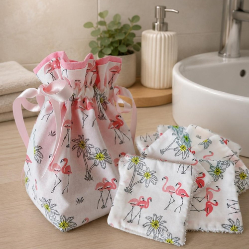 Lot de 10 lingettes lavables flamants roses avec pochon multi-usage assorti, pochon lingerie