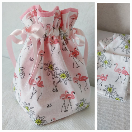 Pochon multi-usage et 10 lingettes lavables éponge de bambou "flamants roses", pochon lingerie