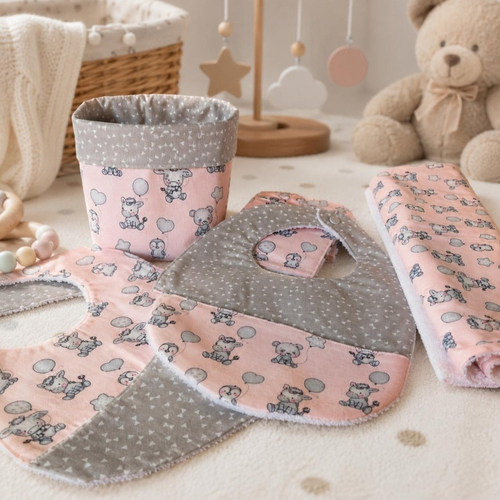 Kit bébé toujours propre, cadeau naissance en tissu coton rose et gris, éponge de bambou