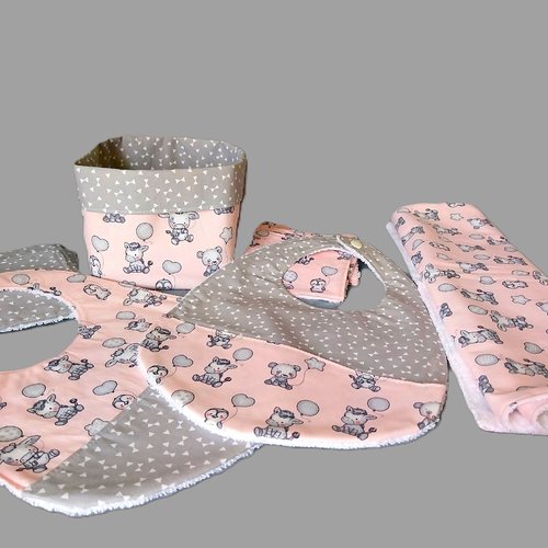 Kit bébé toujours propre, cadeau naissance en tissu coton rose et gris, éponge de bambou