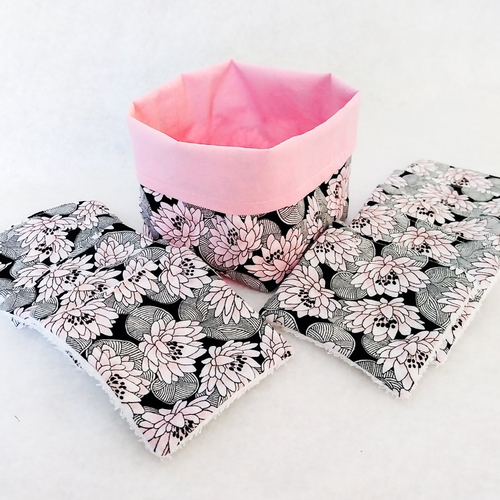 Lingettes lavables "nénuphars" et leur panier de rangement