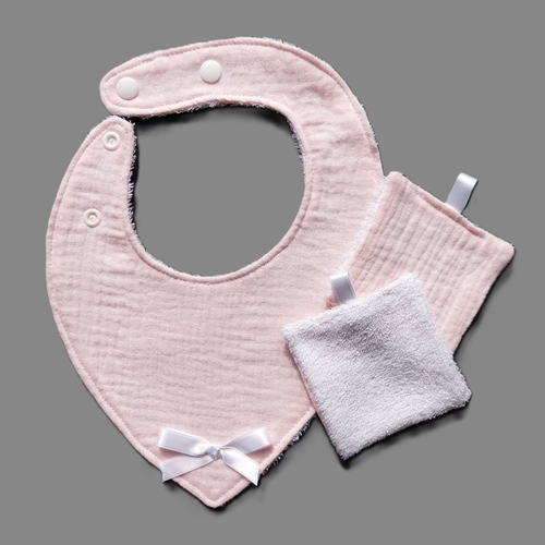 Duo bavoir bandana et lingettes assorties roses, double gaze et éponge de bambou