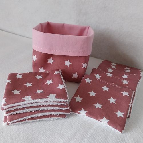Panier et 10 lingettes lavables vieux rose à étoiles