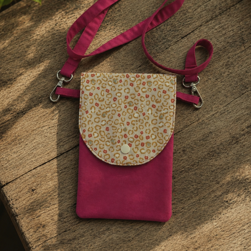 Pochette à bandoulière amovible pour téléphone portable - housse smartphone beige et fuchsia.