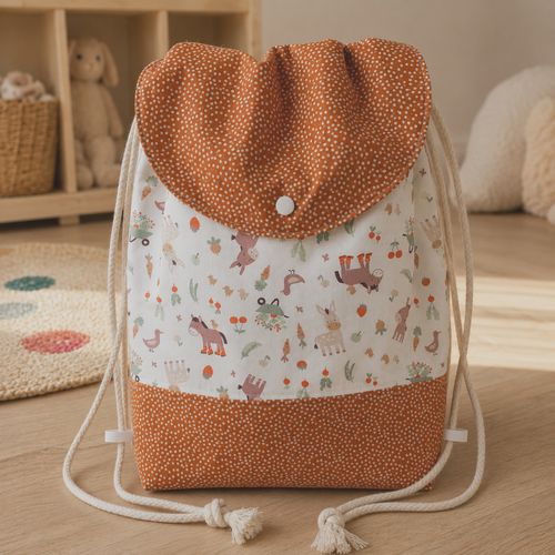 Sac à dos pochon pour enfant, maternelle, crèche, promenade - motifs petit âne et basse cour.
