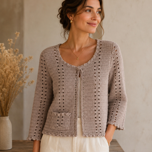 Cardigan pour femme au crochet fait main - veste couleur taupe au crochet -