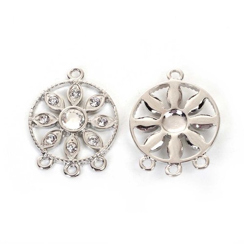 Connecteur rond argent mat fleurs à strass transparent 26 x 19mm