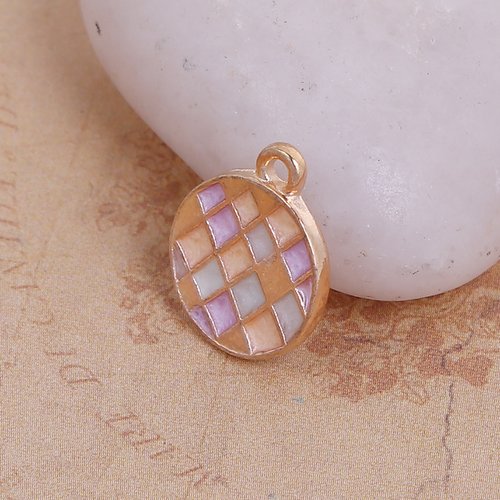 Breloque mosaïque rond carreau émail doré violet 17 x 14mm