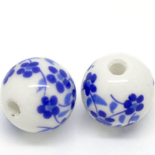 Perle céramique ronde blanc & bleu fleur cerisier 12mm | 8618