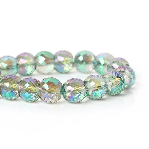 Perle tambour vert irisé à facettes transparent 12 x 9mm