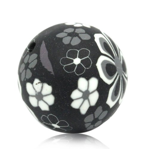 Perle en pàte polymère ronde noir à fleurs 18mm | 8671