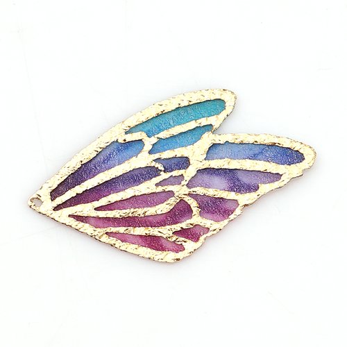 Pendentif aile de papillon doré bleu et rose 30 x 18 mm | 9463