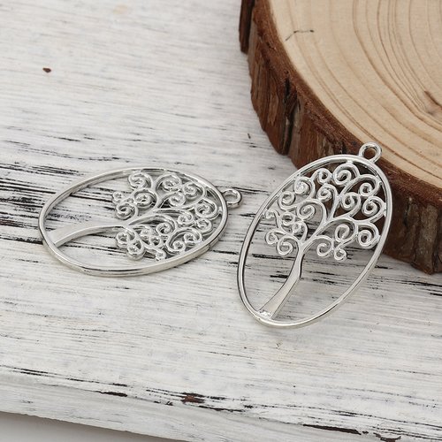 Pendentif ovale arbres argent mat 40 x 27mm