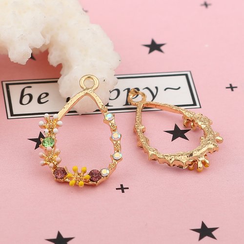 Breloque fleurs émail doré multicolore 22 x 14mm