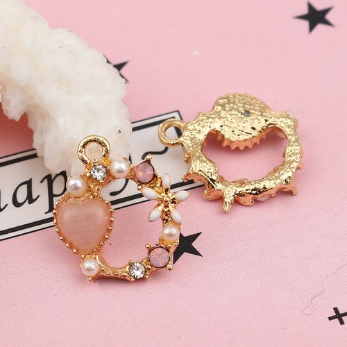 Breloque émail coeur doré blanc rose 15 x 14mm