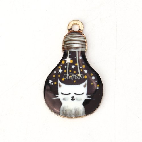 Breloque ampoule chat zen doré noir 28 x 17 mm | 9641