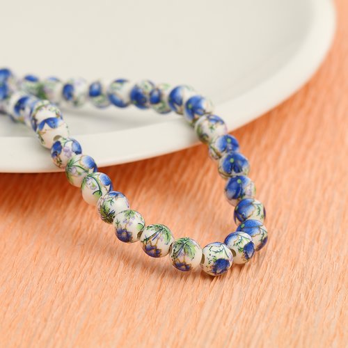 Perles en céramique bleu fleurs 8mm - x5 | 9775
