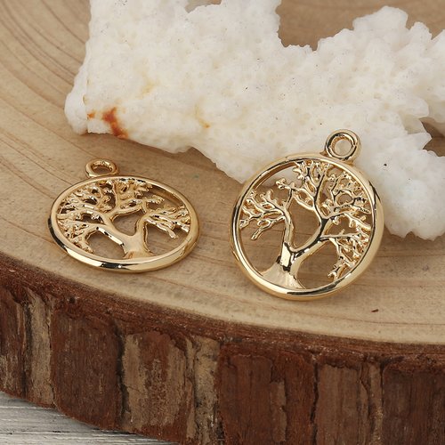 Breloque rond arbre doré 19 x 16 mm